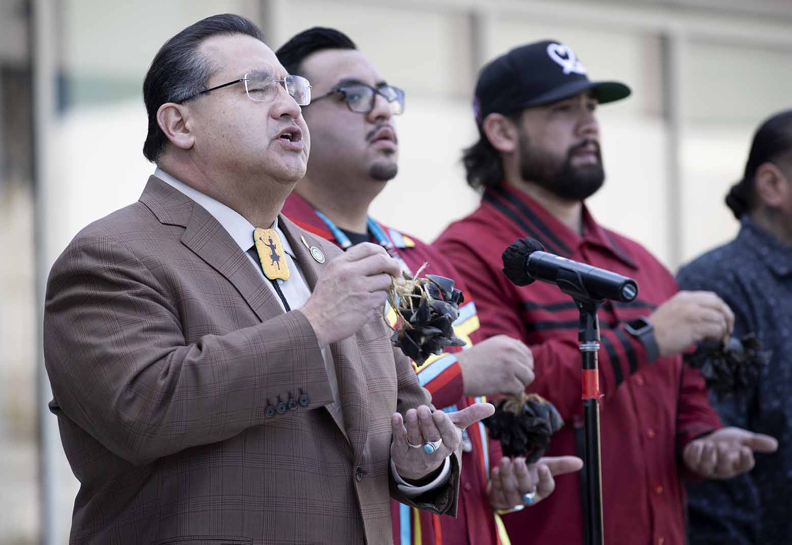 Assemblymember James Ramos (l),&nbsp;a CSUSB alumnus who is also a member of the San Manuel Band of Mission Indians and a great-great grandson of Santos Manuel, during an opening ceremony at the ground opening of the SMSU North.